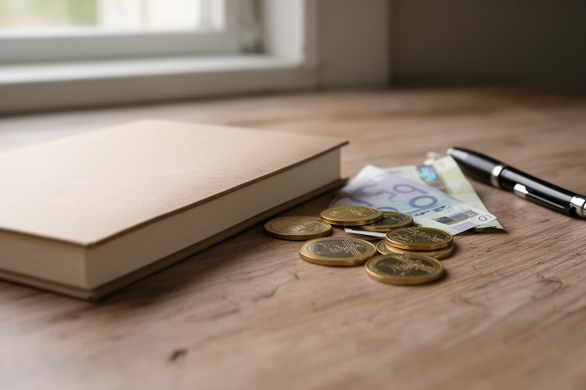 Monete e una banconota in euro accanto a un quaderno